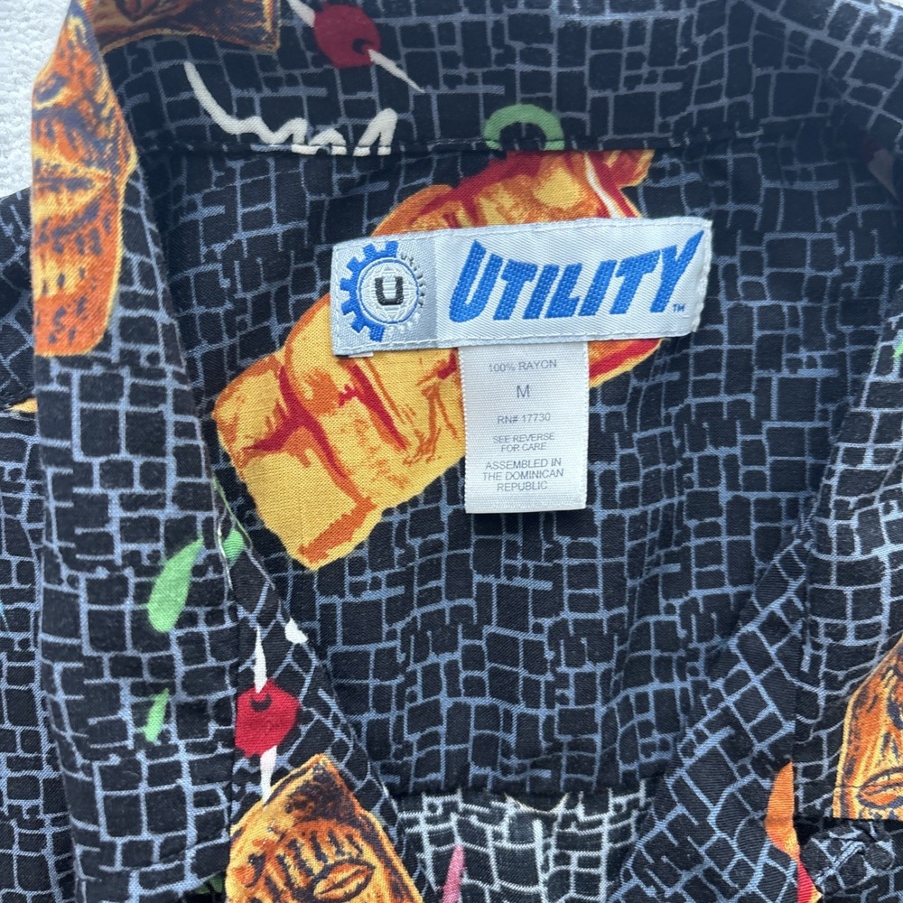Utility Tiki Cocktail Shirt Mens Medium Black Rayon Short Sleeve Button Down - Picture 2 of 16